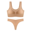 Seamless nude wireless bra and thong set with elastic fabric and removable pads - S / Deep Skin
