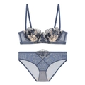 Elegant blue floral embroidery lace lingerie set with mesh bra and matching panty - 70B / Top And Bottom / Blue