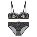 Französisches schwarzes Spitzen-Dessous-Set mit besticktem BH und passendem Slip für Damen - 70B / Schwarz (Set)