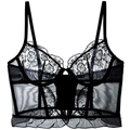 Elegant black lace bustier top with floral embroidery and sheer mesh details - S / Bra / Black