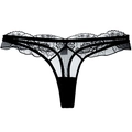 Sexy black floral lace thong for women with sheer mesh details and scalloped edges - S / Underwear / Black