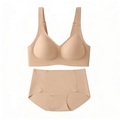 Nahaufnahme des nahtlosen beigefarbenen BH-Sets mit breiten Trägern und elastischem Stoff - S / Dunkelbeige