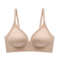 Detailansicht des nahtlosen beigen BHs ohne Bügel mit tiefem V-Ausschnitt und Stoff - S / Beige