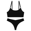 Détail d'un ensemble lingerie noir sans couture, bretelles réglables et string en coupe V - S / Noir