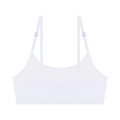 Detail view of seamless white bralette showing adjustable straps and soft elastic fabric - S / White