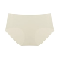 Close-up of seamless beige women's panties with laser-cut scalloped wavy edges - S/M / Apricot Skin