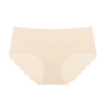 Close-up of seamless beige panties featuring scalloped edges and elastic fabric detail - S/M / Beige