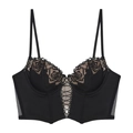 Detail of black satin bustier bra with rose embroidery and lace-up front detail - S / Tops / Black
