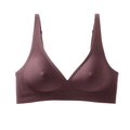Detail of dark chocolate seamless wireless bra with V-neckline and wide comfort straps - Brown