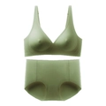 Detailed view of seamless olive green lingerie set with soft support bra and high waist panty - Green