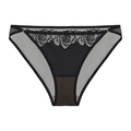 Detail of black lace panties with elegant rose embroidery and sheer mesh panels - S / Bottoms / Black