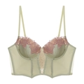 Detail of mint green satin bustier featuring pink floral embroidery and lace-up front - S / Tops / Green