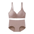 Detail view of seamless scalloped edge bra and matching high waist panties in dusty rose - Gray Purple
