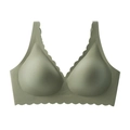 Close-up detail of seamless olive green bra featuring scalloped wavy edges and soft support - Green