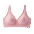 Close-up of pink seamless deep V bra with elegant scalloped edges and wide straps - Pink