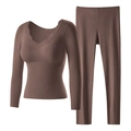 Brown thermal underwear set with V-neck lace trim and ribbed knit texture in two pieces - M / Top And Bottom / Coffee