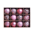 Detail van 12-delige roze kerstballenset in doos met matte en glitter afwerkingen - Set van 12 / Roze