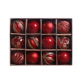 Detail van 12 rode kerstballen met glitter en matte afwerkingen in een doos - Set van 12 / Rood