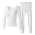 Women's white thermal underwear set with V-neck lace trim and ribbed texture - M / Top And Bottom / White