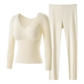 Women's cream-white thermal underwear set with ribbed fabric and delicate lace V-neck - M / Top And Bottom / Champagne