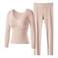 Women's pink thermal underwear set with lace V-neck and ribbed elastic fabric - M / Top And Bottom / Nude
