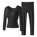 Women's black thermal underwear set featuring lace V-neck top and ribbed leggings - Black