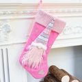 Pink knit Christmas stocking with plush gnome and snowflake pattern on fireplace - 32016 Stocking Doll Style Pink