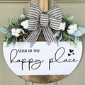 Rustic wooden welcome sign with cotton and bow, this is my happy place wall hanging decor - Bow & Cotton Style (my)