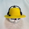 Bright yellow felt bowler hat with black headphone decoration on a disco mirror ball - 5cm Ball With Headphones Yellow