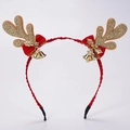 Détail du serre-tête de renne de Noël avec paillettes dorées, nœuds rouges et clochettes - Serre-tête Cloche Rouge