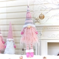 Pink knitted Christmas gnome plush ornament with long striped legs and snowflake hat - 32017 Hanging Ornament Style Pink