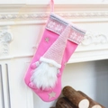 Pink Christmas stocking featuring a 3D gnome doll and knitted snowflake pattern - 32016 Stocking Doll Style White