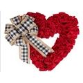 Handmade 36cm red fabric heart wreath with a black and white buffalo plaid bow accent - Red Heart Wreath 35x40cm