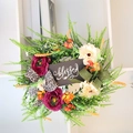 Close-up of Thanksgiving wreath with green ferns, colorful flowers and blessed sign - 35cm / Thanksgiving Blessed Wood Sign Wreath