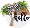 Targa rustica in legno 3D da 30cm con scritta hello e fiocco a scacchi bianchi e neri - Marrone e Bianco