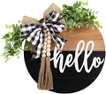 3D wooden hello door hanger with black and natural wood finish, buffalo plaid bow and beads - Black and Khaki
