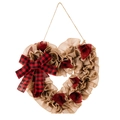 36cm heart-shaped beige burlap wreath with red buffalo plaid bow and floral accents - Khaki Burlap Heart Wreath 33x40cm