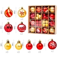 Detail showing 6cm and 3.5cm Christmas balls with snowflake patterns in a gift box - Red Gold Style