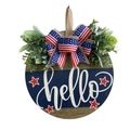 Independence Day round wooden welcome sign with blue hello text and stars for front door decor - Independence Day Wood Sign 30cm