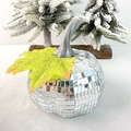 Silver pumpkin disco ball with mirror tiles and green leaf for festive party decor - Silver 10cm
