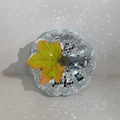 Silver mirror disco pumpkin decoration with reflective glass tiles and realistic maple leaf - Silver 13cm
