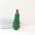 Minimalist forest green wool felt Christmas tree ornament with a wooden base and golden beads - Large Green Felt Leaf Tree 26cm