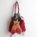 Christmas reindeer drawstring gift bag with red felt and grey fabric texture details - Style 2 Reindeer