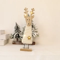 Christmas reindeer table decor with white wool felt, wooden base and warm LED lights - Reindeer Ornament With LED Light / Height 28.5cm / White