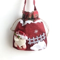 Christmas Santa Claus drawstring gift bag with red plaid trim and linen textures - Style 3 Santa Claus