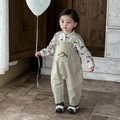Kinder Bedrucktes Hemd mit Khaki Bären-Tasche Latzhose Zweiteiliges Mode-Set - 73cm / Khaki/Beige Hemd Set