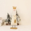 Handcrafted white wool felt Christmas tree ornament with a golden crown on wooden base - LED Lit Santa Ornament 25.5cm White