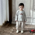 Kleinkinder Jungen Freizeit Outfit mit grauem Langarmshirt Auto-Print und beige Cargohose - 73cm / Blau