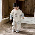 Completo due pezzi in cotone beige per neonato con stampa orsetto e dettagli a quadri - 73 / Blu