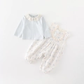 Ensemble bébé fille avec haut à col en dentelle et barboteuse à fleurs bleu pastel - Bleu / 73cm